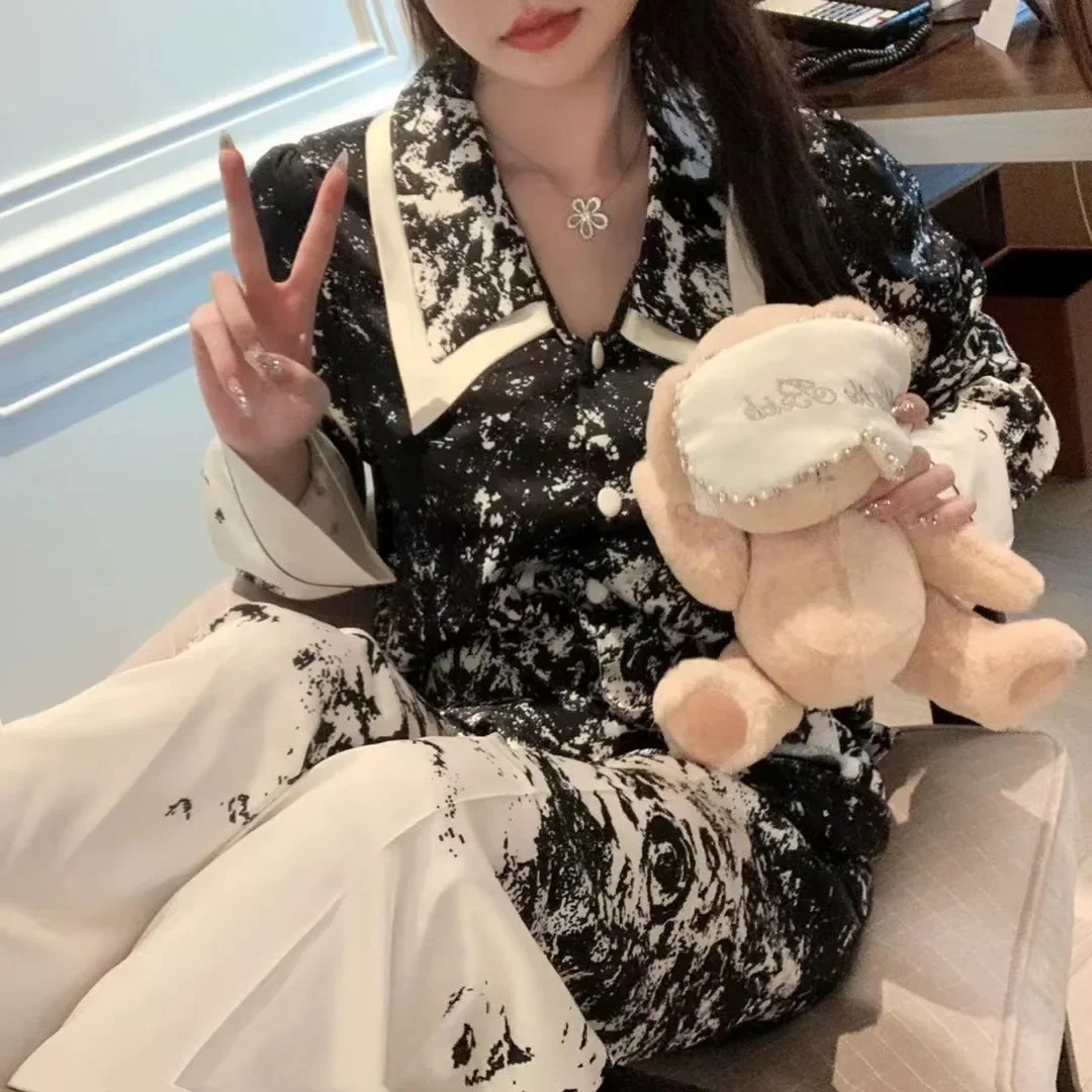 2024 Print Women Pajamas Suit Spring Satin Nightwear Long Sleeve Trouser Pj's Sleep Set Turn-down Collar Sleepwear Home Clothes