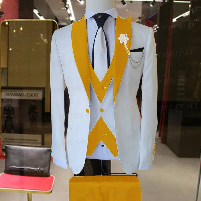 Mens Suit 3 Pieces Groom Wedding Blazer Sets Fashion Designs White Business Jacket Vest Royal Blue Pants Tuxedo