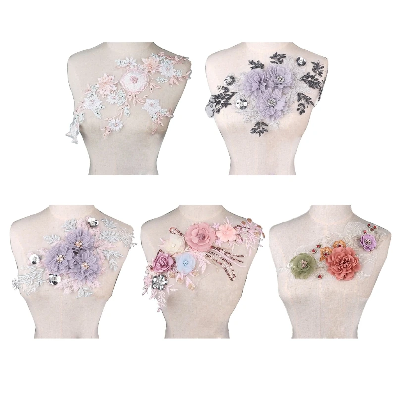 

Colorful Embroidered 3D Flowers Sew Patches Trimmings Applique for Wedding Dress Curtain Scarf Diy Decorations Supplies