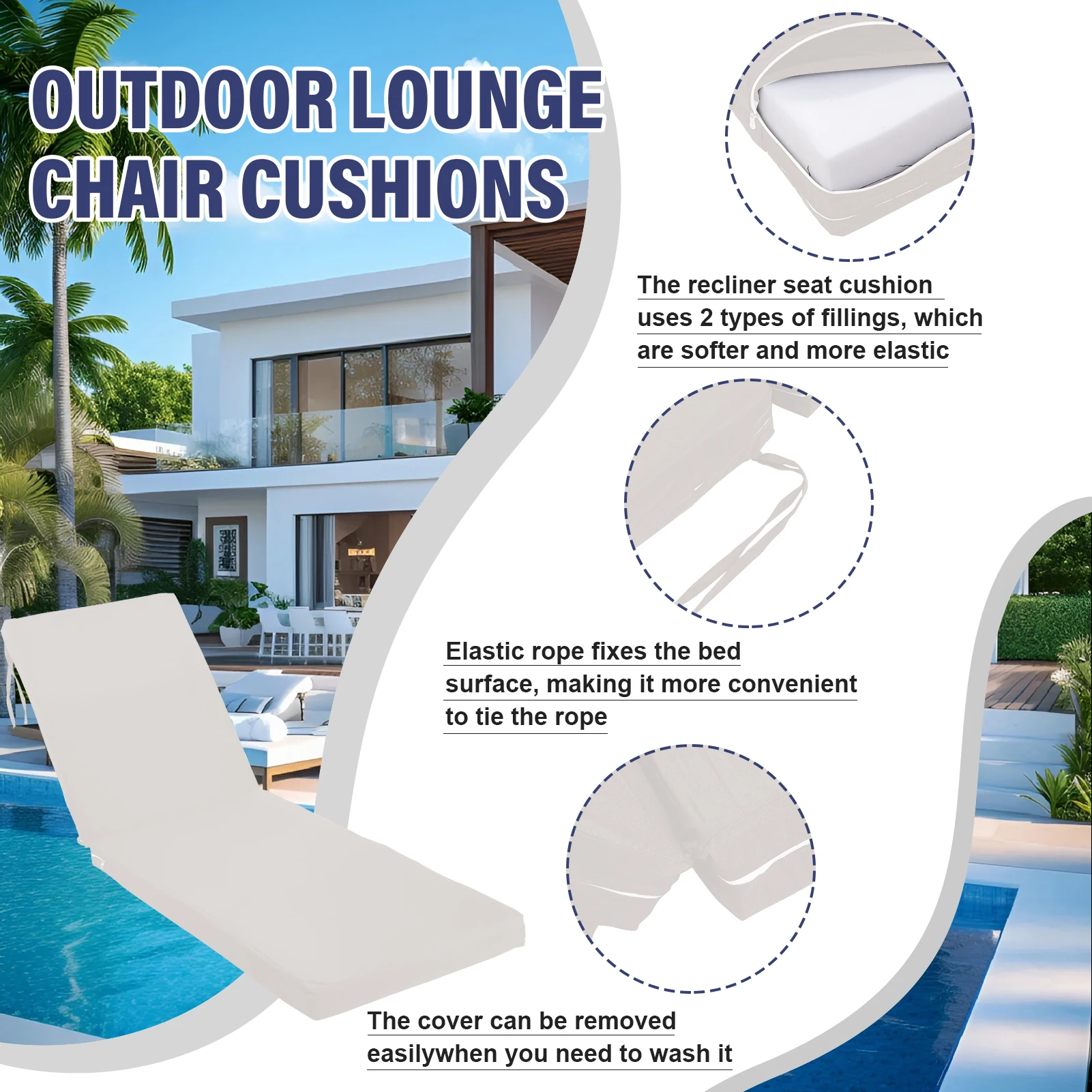Lounge Chair Cushion 6 件套 Waterproof Patio Cushions Beach Chair Cushion Chaise Cushion for Outdoor Poolside Lounge Chair Fun 5