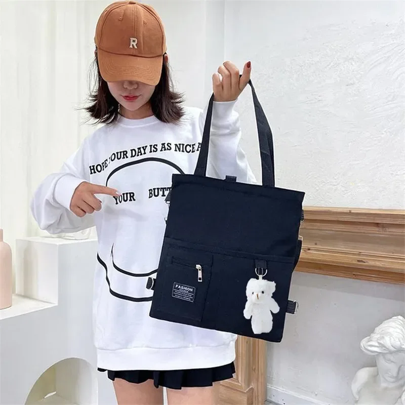 Stylish Chic Canvas Tote with Bear Pendant - Trendy Bucket Crossbody & Shoulder Bag