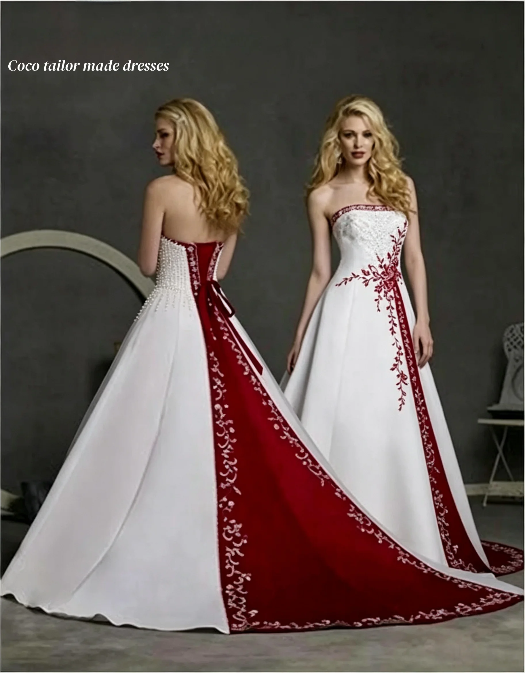 Abito da sposa elegante in raso ricamato per la sposa, corsetto con perle e perline, bianco e bordeaux, linea ad A, senza spalline, personalizzabile - immagine 2