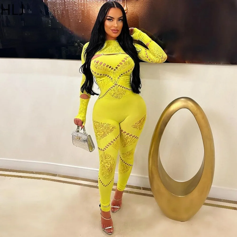 HLJ Spring New Hollow Out Off Shoulder Bodycon Jumpsuits Women Long Sleeve Diamond Solid Color Slim Playsuits Female Overalls