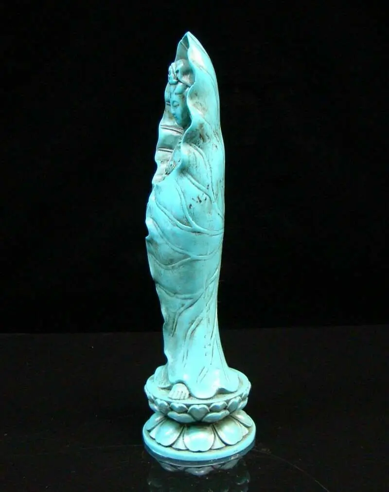Chinese Turquoise Handmade Carved Statue Kwan-Yin Lotus Exquisite 5