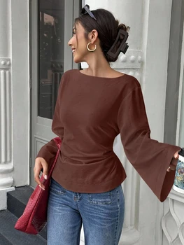 Women's Casual Solid Color Boat Neck Flare Sleeve T-Shirt Elegant Back Tie Slim Fit Long Sleeve Tops Spring/Fall 1