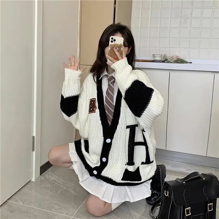 

College Knitted Cardigan Women Oversize Loose Sweaters Sweet Girl Cute All-Match Soft Hot Sale Jk Uniforms Harajuku Coat Blouse