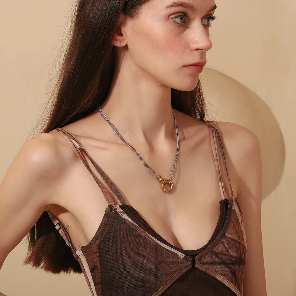 Retro Two-color 18K Gold Plated Circle Ring Choker Neckalce for Women Minimalist Charm Waterproof Double Chain Neck Jewelry Gift