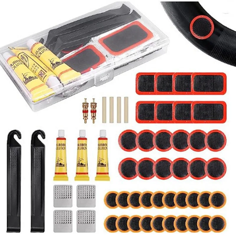 Kit de réparation de pneus plats de vélo, ensemble d'outils 48 pièces, outils de réparation fœtal en caoutchouc portables, outils de réparation de Patch de crevaison de chambre à air de vélo