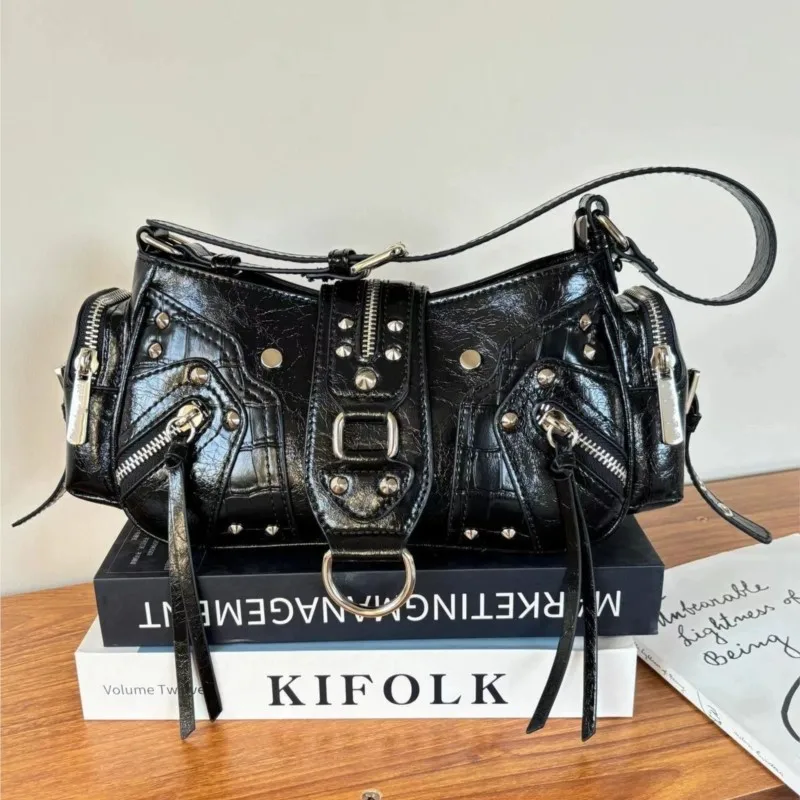 JIAERDI Vintage Black Y2k Shoulder Bags Women Sweet Cool Hot Girls Rivet Pu Leather Handbag Ladies Moto Biker Underarm Bag Chic