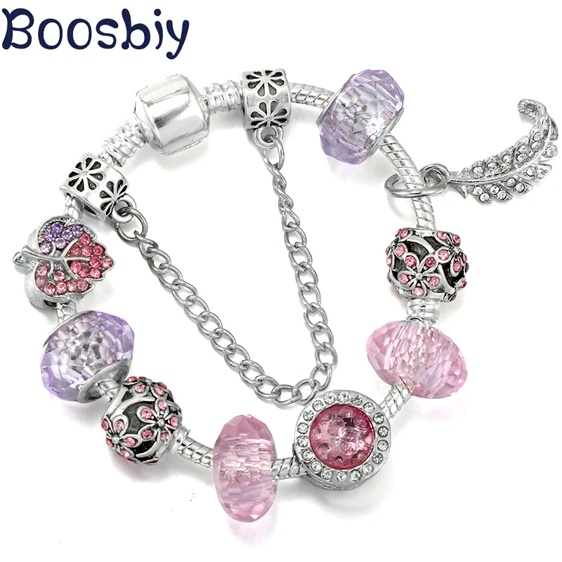 

Crystal Pink Leaves & Feathers Charms Beads With Pendants Fit Brand Jewelry Bracelet For Women Fashion Gift New Desgin