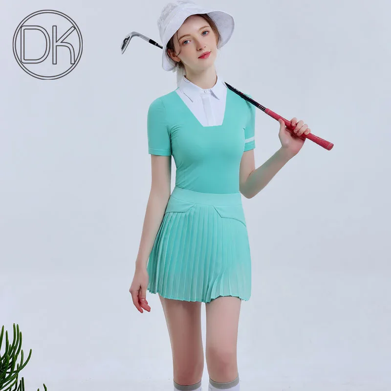 

Summer 2024 Golf Wear New Women POLO T-shirt Skort Green Apparel Badminton Tennis Pleated Skort Korean Clothes High Quality