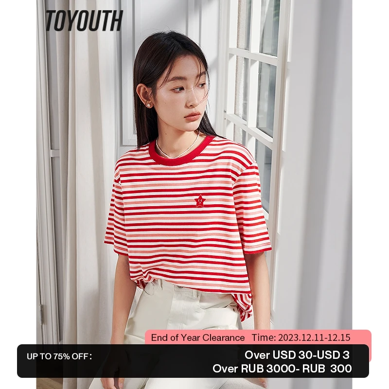 

Toyouth Women T-shirt 2023 Summer Short Sleeve O Neck Loose Tees Striped Star Embroidery Chic Casual Fashion Streetwear Tops
