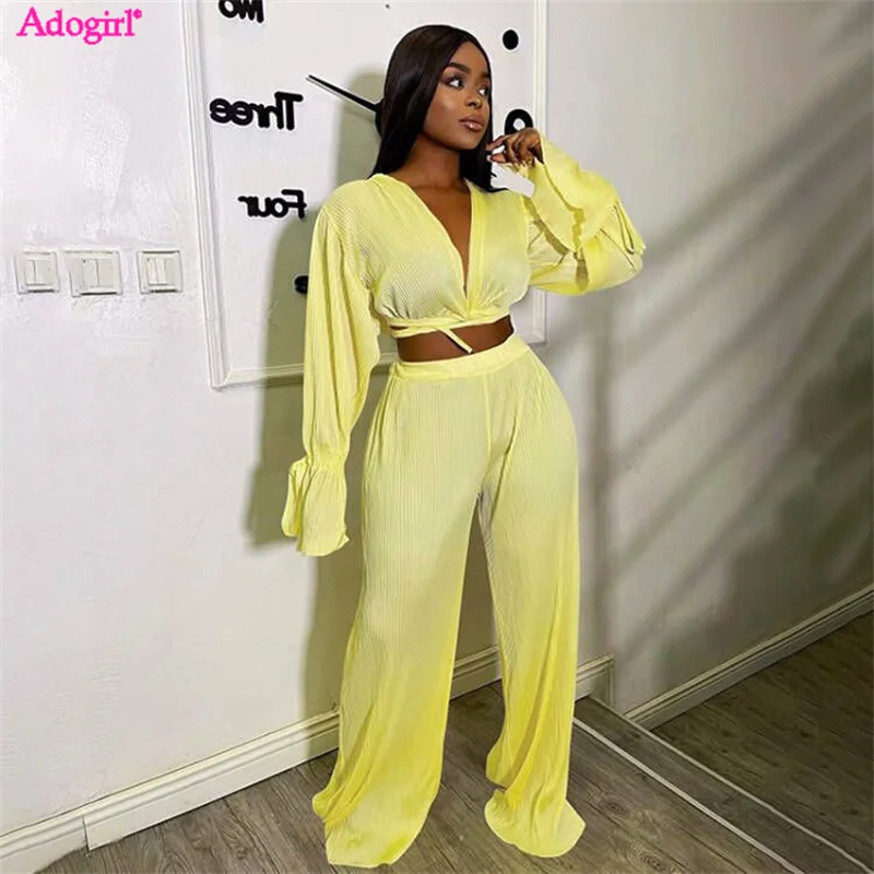 

Adogirl Solid Pleated 2 Piece Sets Women Autumn Outfits Lace Up V Neck Long Flare Sleeve Blouse Crop Top Wide Leg Pants Suits