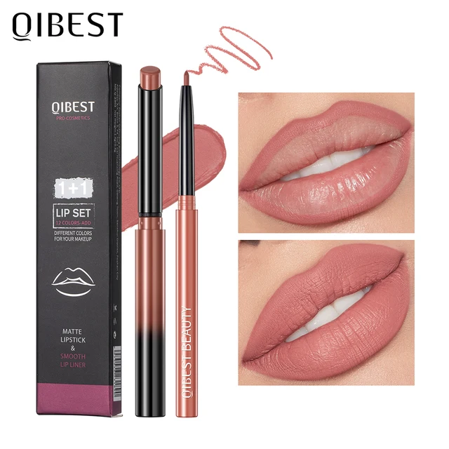 QIBEST Matte Nude Lippenstift Stift Langlebig Lipliner Lip Bleistift Wasserdicht Lip Liner Kontur Sexy Rote Lippen Make-Up Set Für Frauen