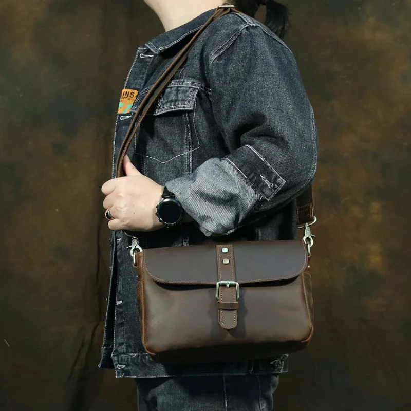 

Men's Crazy Horse Leather Retro Genuine Leather Shoulder Bag Casual Trend Horizontal Square Head Layer Cowhide Crossbody Bag