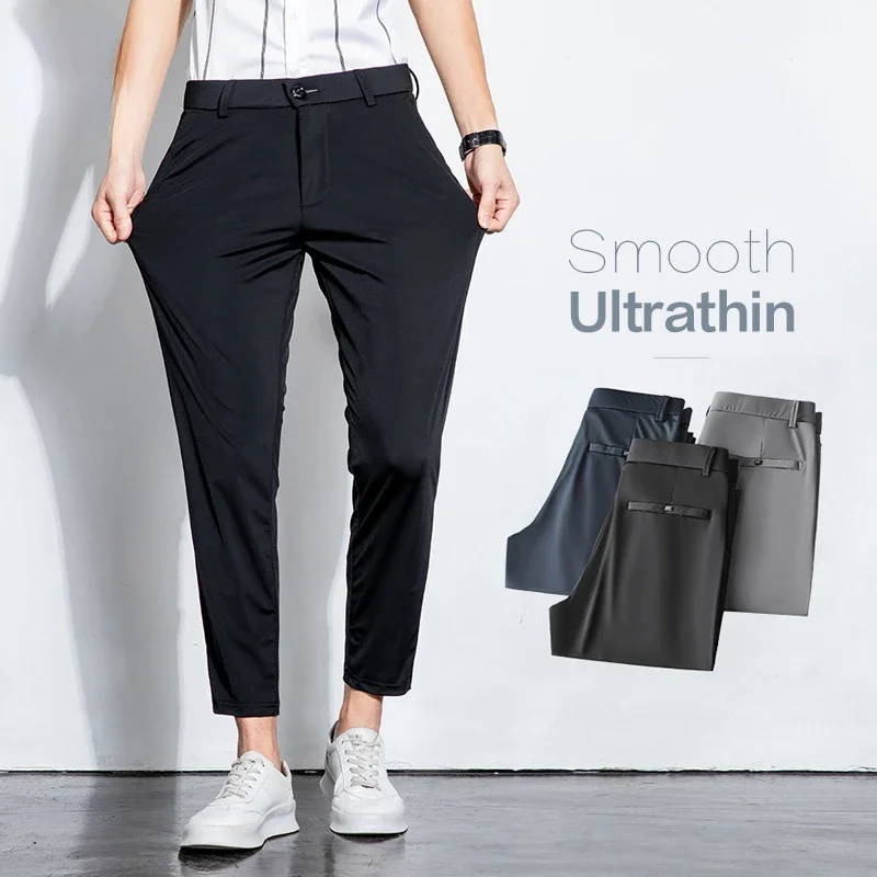 

Summer Stretch Ankle-Length Suit Pants Men Thin Business Solid Color Slim Casual Formal Office Trousers Male Plus Size 28-40