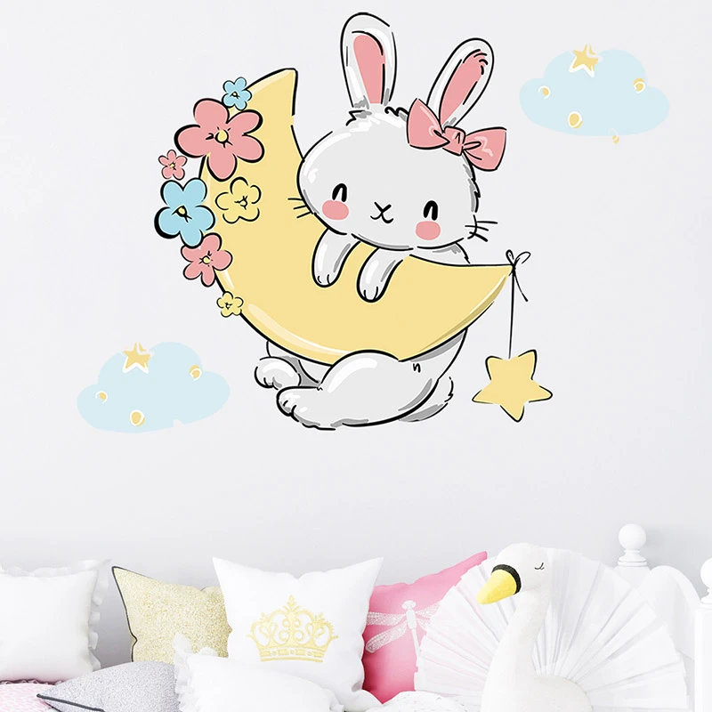 Cartoon schattige kleine konijntje opknoping op de maan muurstickers voor slaapkamer baby kinderkamer muurstickers behang | - AliExpress