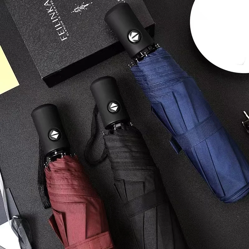 Automatic Rain & Sun Umbrella Anti-UV 3 Folding Wind Resistant Auto Luxury Big Windproof Women Men 8Ribs Black Coating