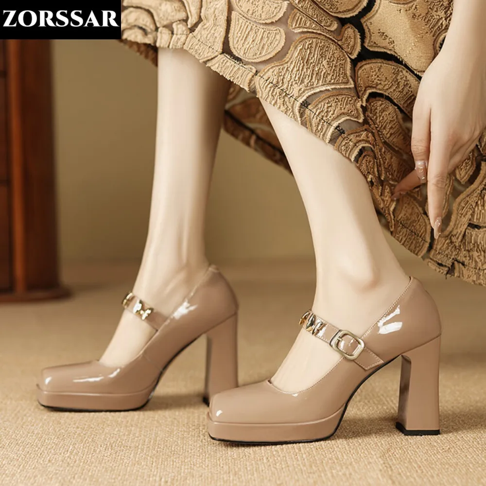 

Mirror Leather Women Mary Jane Shoes Square Toe Pumps Patent Leather Dress Shoes Ol Office Ladies Shoes Super High Heels Black