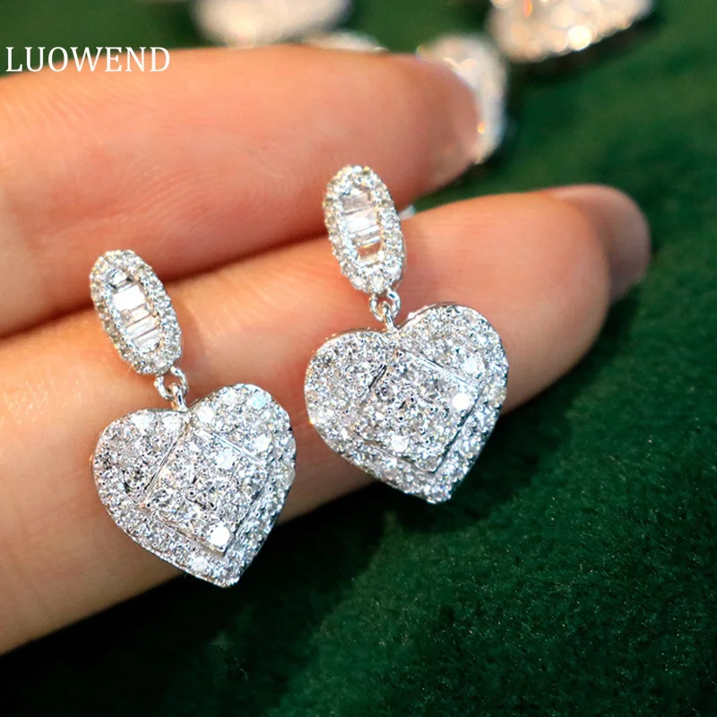 LUOWEND 18K White Gold Earrings Women Love Shapes Stud Earrings Real Natural Diamonds 1carat Luxury Party  Customizable Jewelry