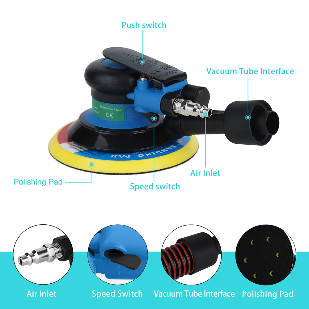 VALIANTOIN Pneumatic Sanding Machine 125MM/150MM Eccentric 5MM Vacuum Grinder Orbital Sander Palm Pneumatic Polisher
