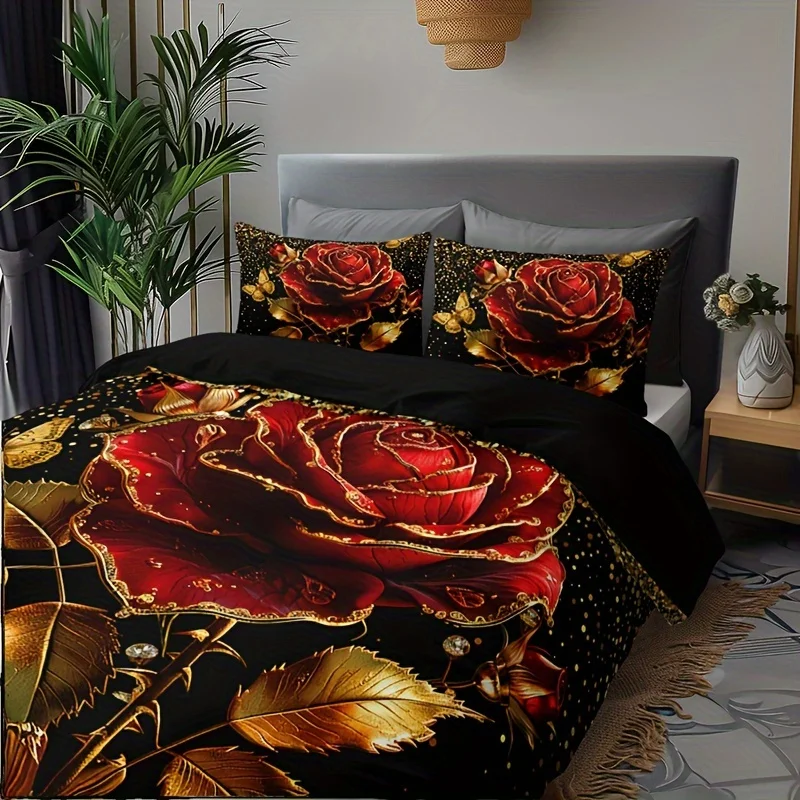 3pcs Luxurious Golden Rose Duvet Cover Set - Includes 1 Duvet Cover & 2 Pillowcases, Breathable Polyester