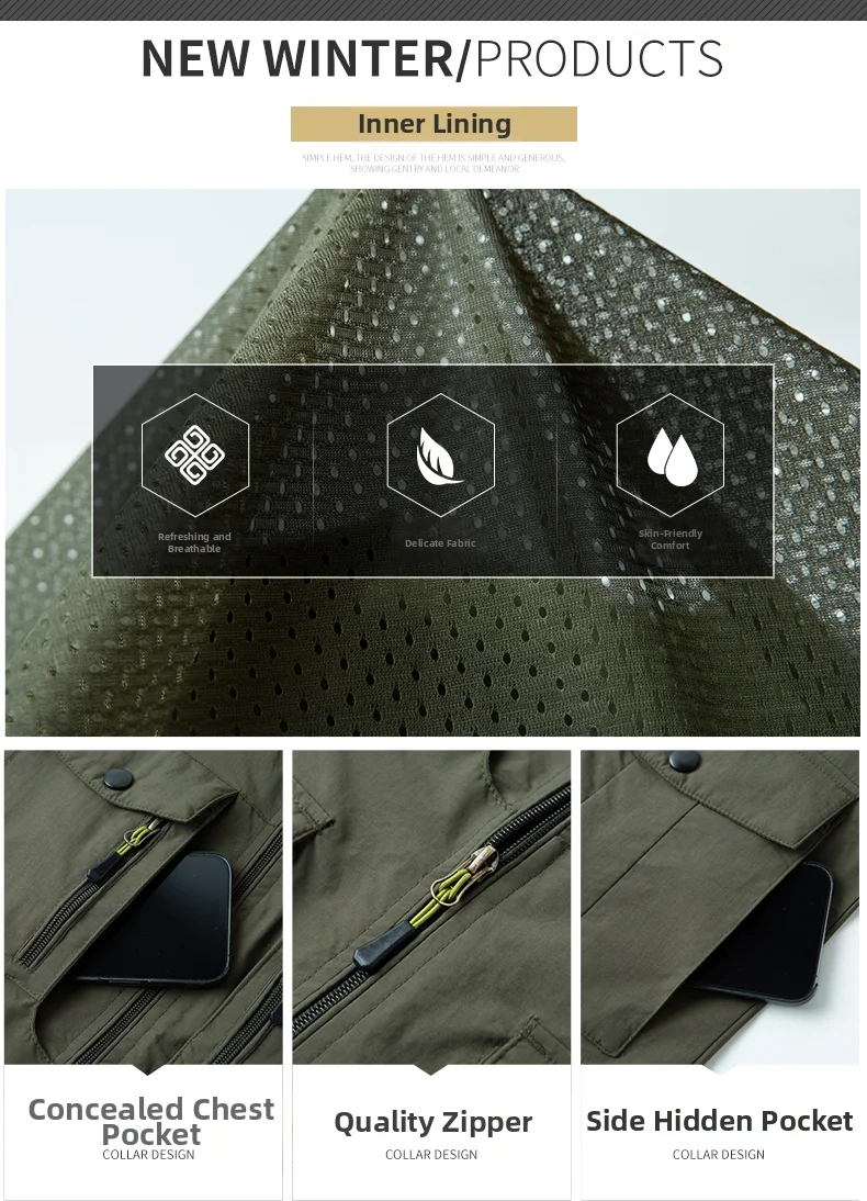 Wasserdichte ärmellose Weste für Herren, dünner vertikaler Kragen, atmungsaktive Qualitätsjacke, Weste mit mehreren Taschen für Angelfotografie – Detail 4