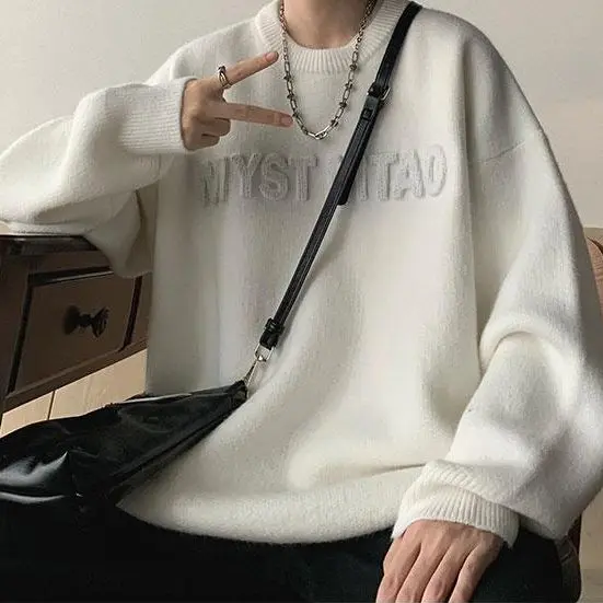 Fashion Autumn Winter Men's Cool Boy Casual Loose Tess Knitted Pullover Sweater Soft Warm Solid  Alphabet