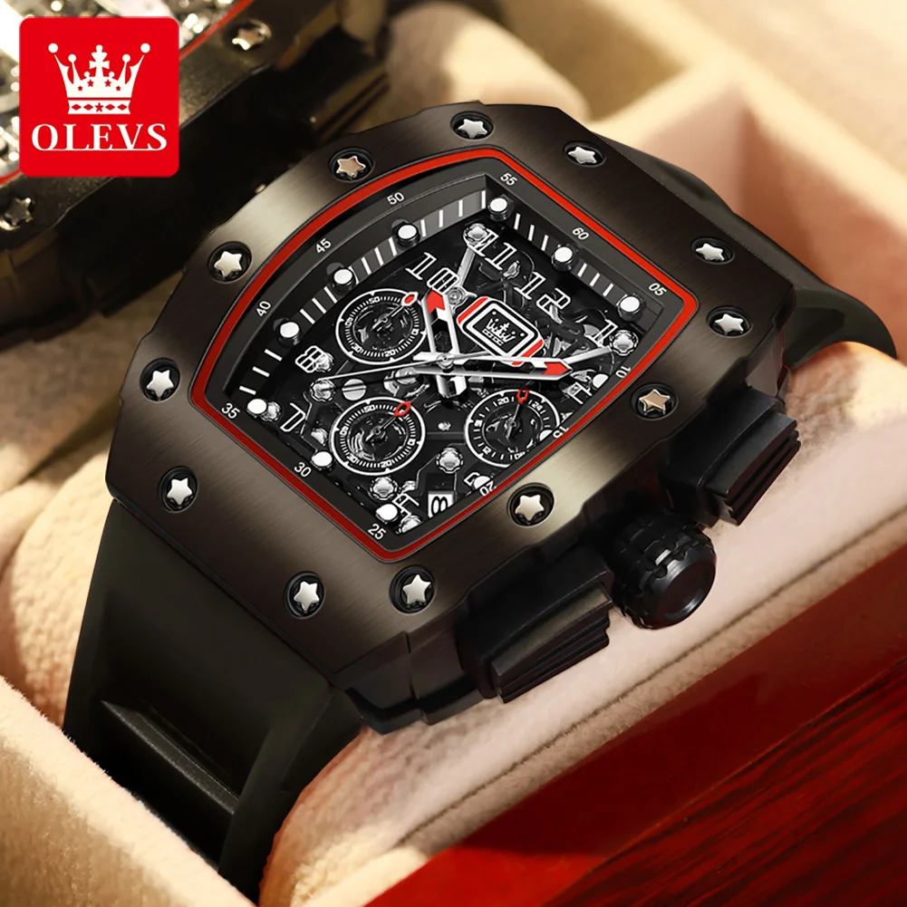 OLEVS Sports Barrel Shape Quartz Watch Men Fashion Silicone Strap Waterproof Luminous Chronograph Mens Watches Top Brand Luxury