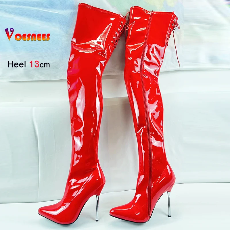 New Red Women Over The Knee Boots Patent Leather Stiletto Thin Heels Pointed Toe Sexy Super High Heel Side Zipper Modern Boots