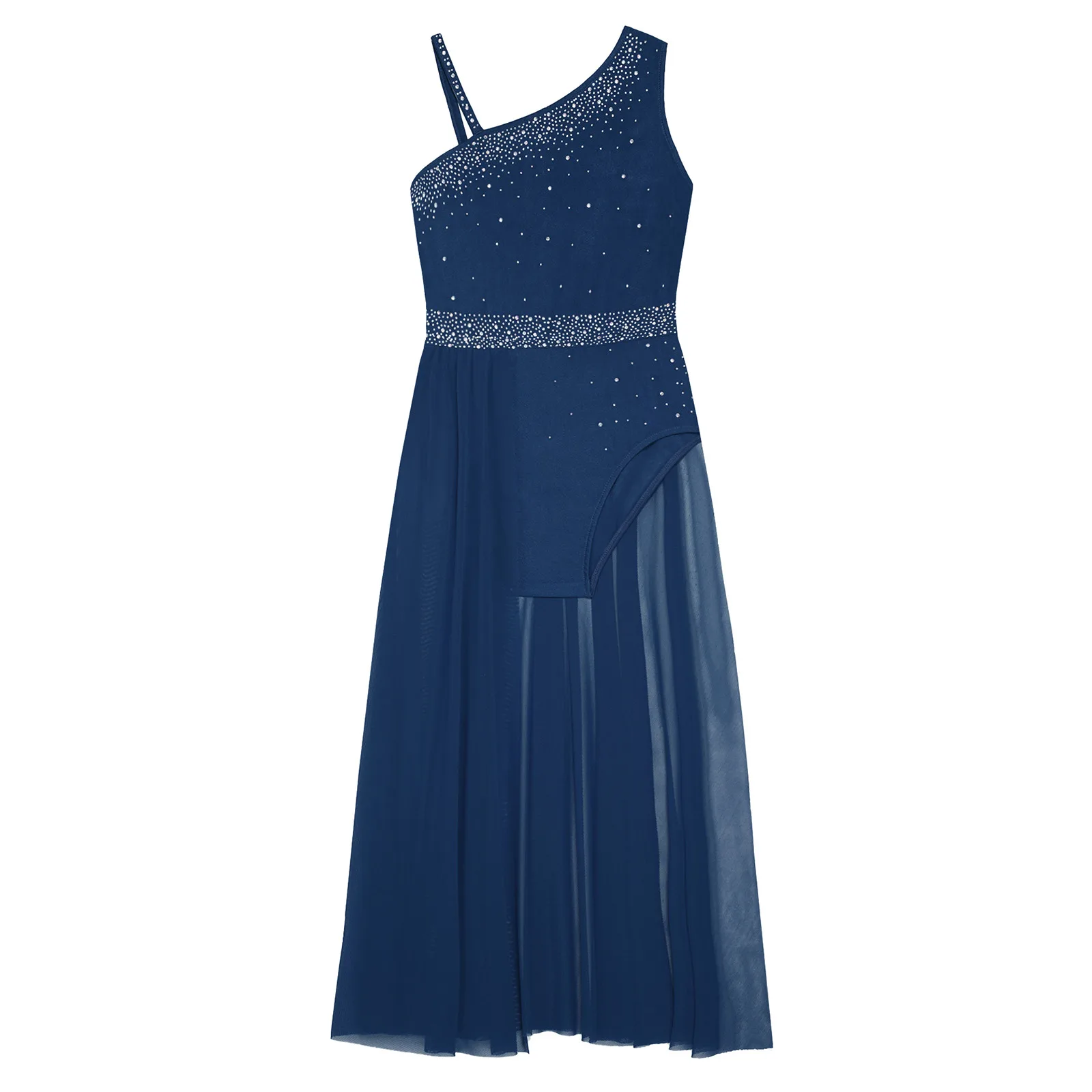 Modernes Lyrisches Tanzkleid für Mädchen, Ballett-Gymnastik-Aufführungskostüm mit Strass, Seitenschlitz und Transparentem Netzstoff – Detail 22