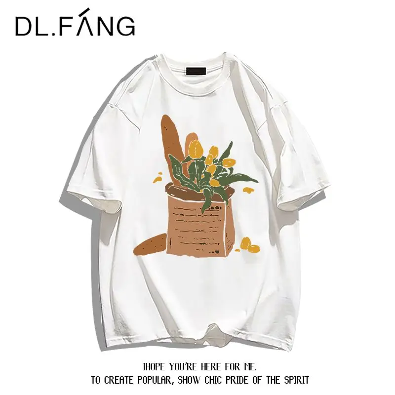 

Women's Cotton Loose T-shirt Summer American High Street Fashion Brand Printed Short Sleeved Sweet Tops Lady Basic O-neck Tees