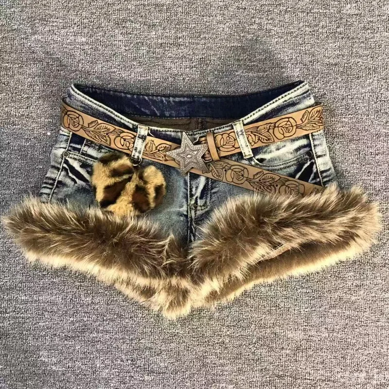 New American Y2k Retro Brown Hair Spliced shorts Trendy Old Hot Girl Low Waist Jeans Vintage Hip-hop Street Clothing Women 4