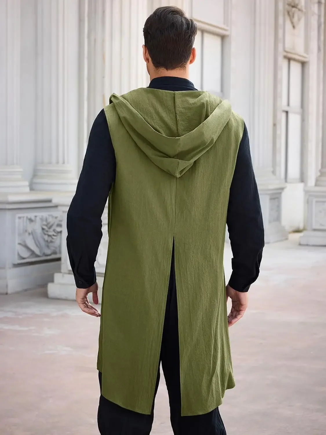 Runcati Costume rinascimentale da uomo Cappotto con cappuccio Cavaliere medievale Tunica senza maniche Top Tabard Vichingo Mantello Holloween - immagine 3