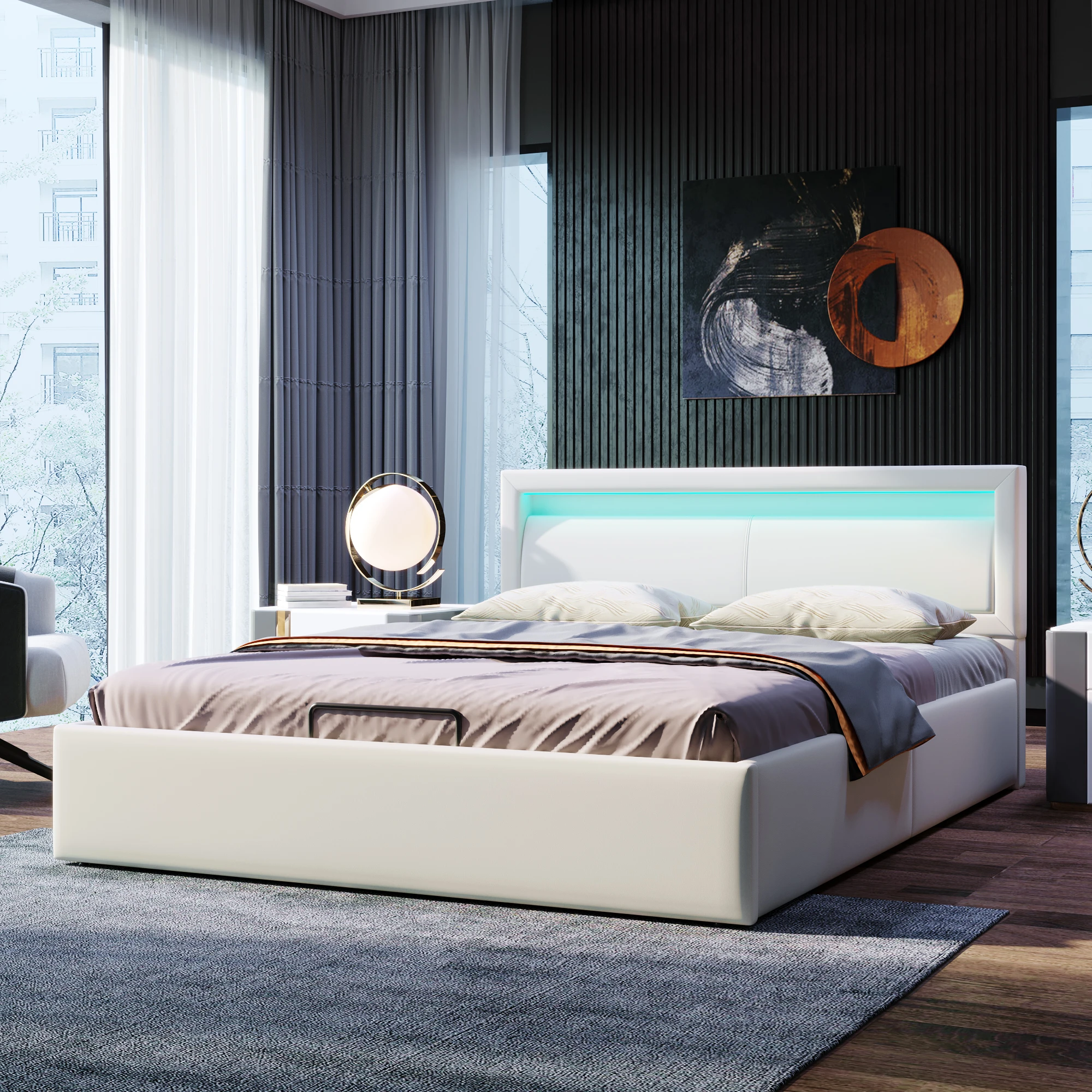 Upholstered Bed LED Bed 140*200cm with Slatted Frame and Storage Space with Illuminated Headboard in Various Colors White