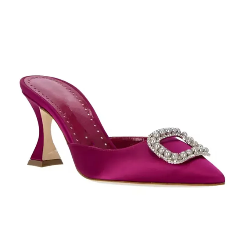 Women's slippers Spring/Summer 2023 New style high heel rhinestone square button pointy fashion banquet thin heel Baotou slipper