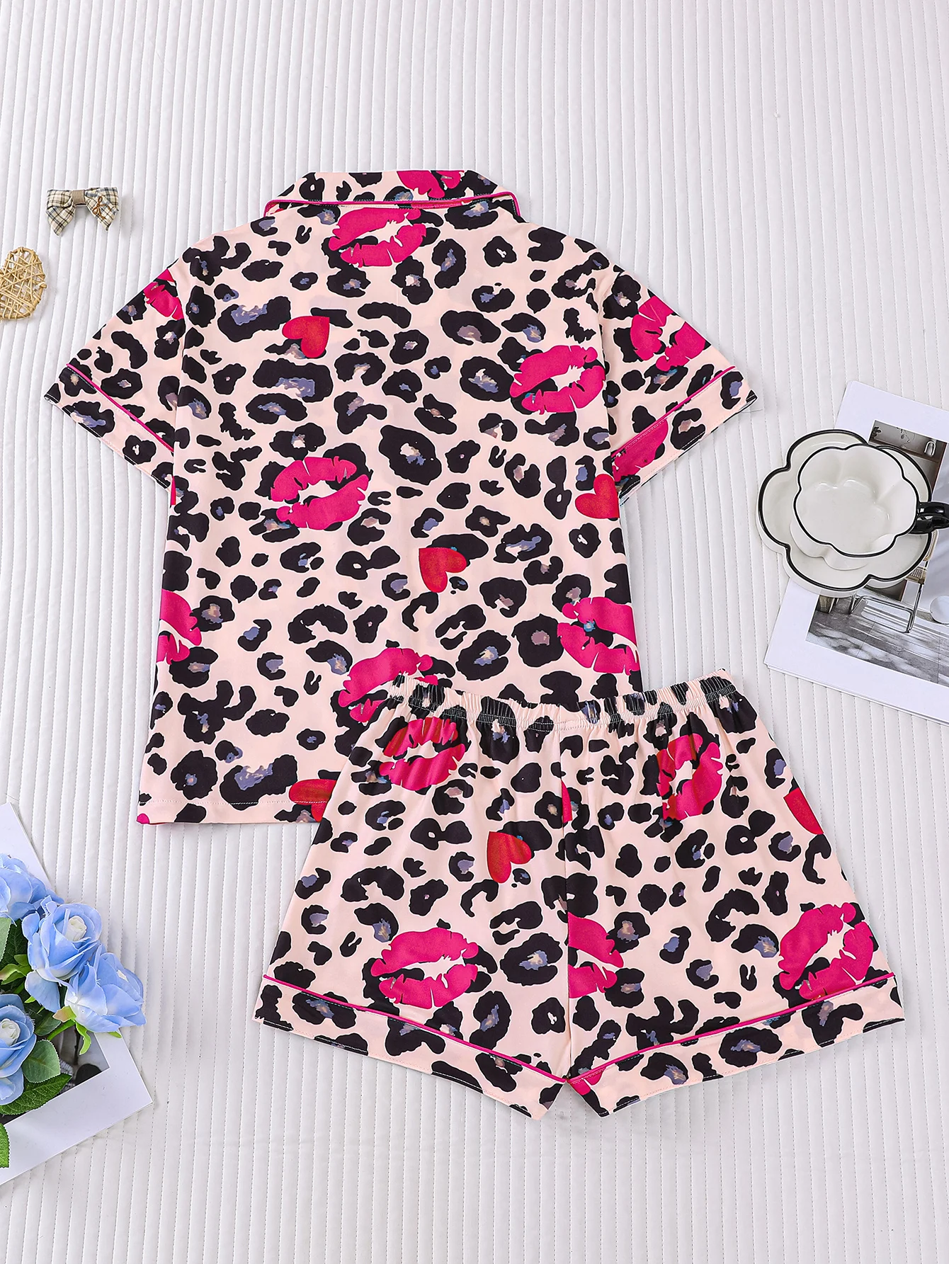 Leopard Print Red Lip Pajama Set - Short-Sleeved Cardigan with Breathable Shorts for Indoor & Outdoor Comfort