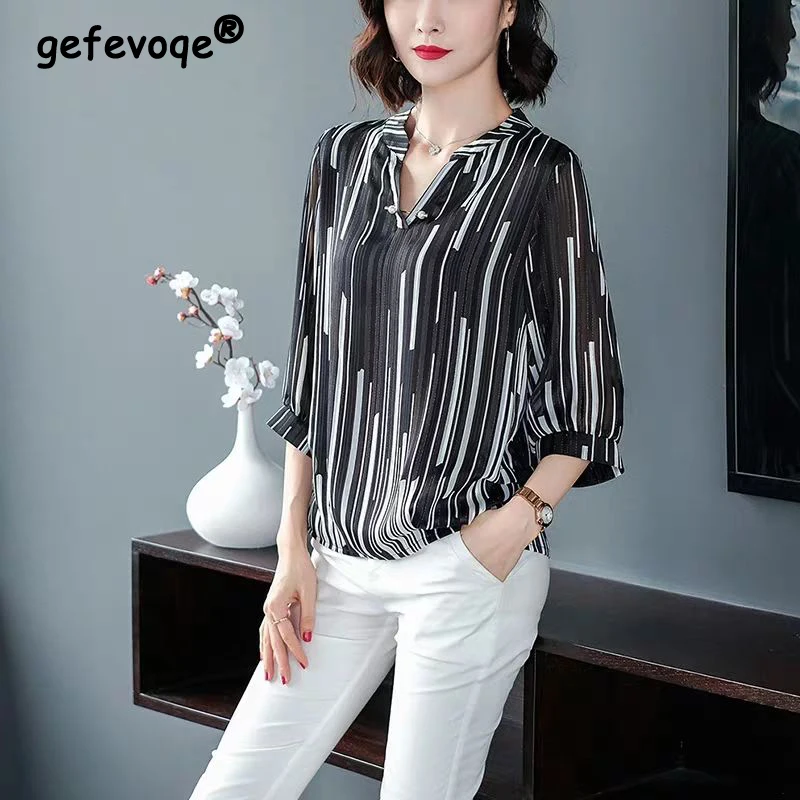 

Summer Vintage Striped Printing 3/4 Sleeve Shirt Ladies Loose Casual Pullover Blouse Women Elegant Fashion Top Female Clothes