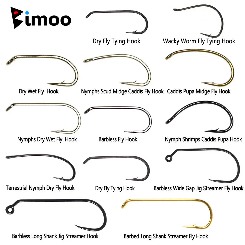 Hameçons de pêche à la mouche Bimoo 100 pièces acier haut carbone, sèches, noyées et nymphes,