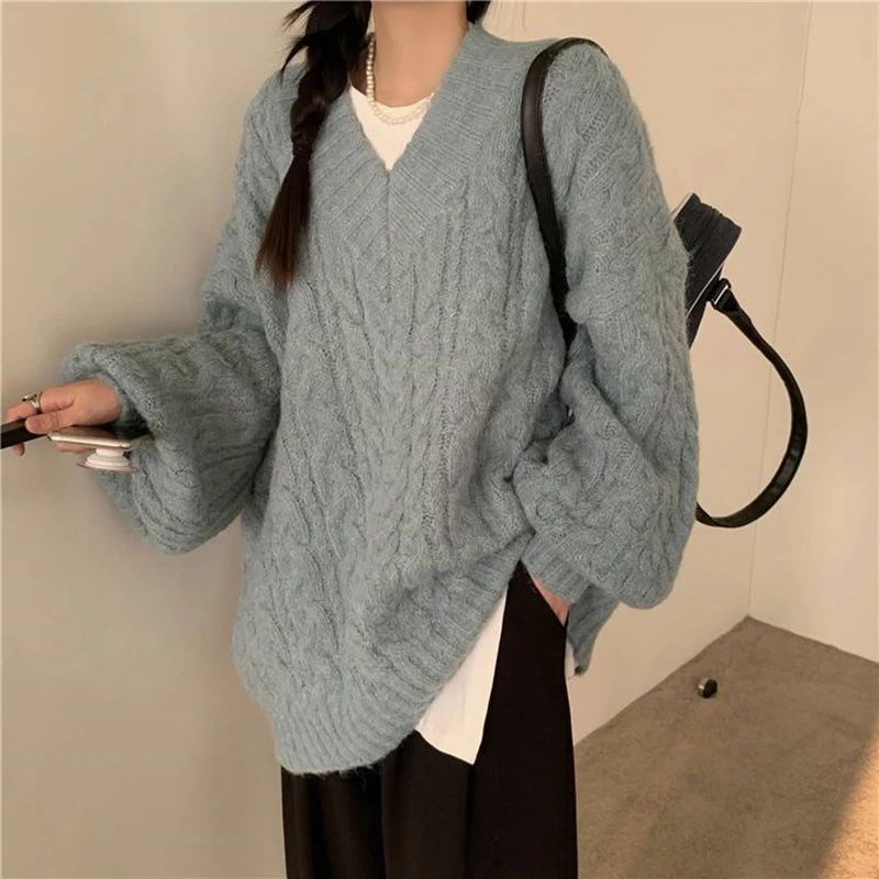 Oversized Sweater Women Fashion Preppy Pink V Neck Knitted Pullovers Harajuku Korean Long Sleeve Knitwear Winter Jumpers