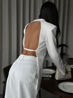 Elegant Women's Backless Black Suit 2026 Ladies Chic Long Sleeve Covered Buttons Hollow Out Blazers White Tops Coat Outerwear - Image 5