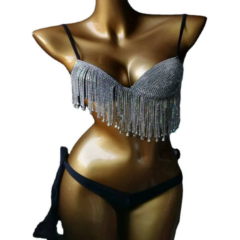 

2022 Sexy Swimwear Rhinestone Bra And Panty Bikini Set Tassel Fringe Swimsuit Bling Diamante Carnival Bathing Suits for Women