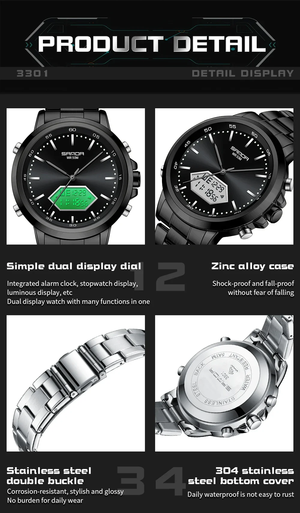 SANDA 3301 Military Men Sport Army Watches Analog Digital Quartz Waterproof 50M Men's Shock WristWatch For Man Relogio Masculino