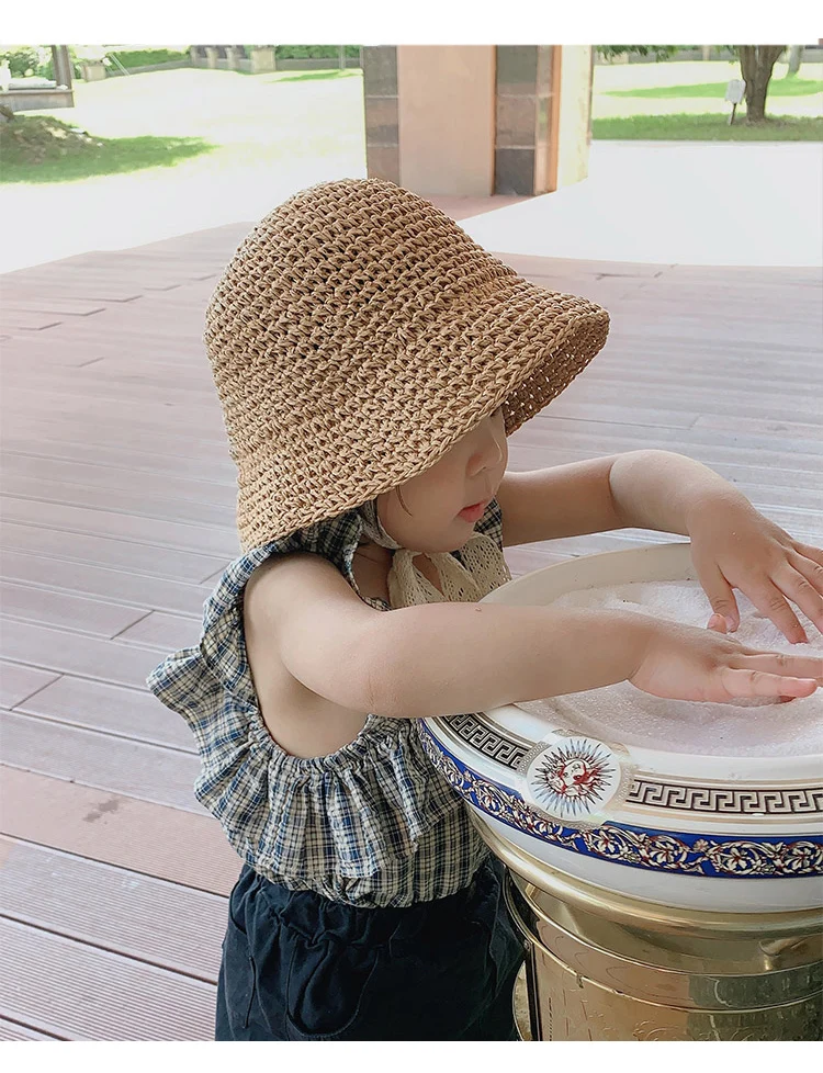 Sommer Kinder Sonnenhut Spitze Bogen Eimer Kappe Handarbeit Gewebt Stroh Kappe für Junge Mädchen Im Freien Sonnenschirm Strand Hut Kinder Panama Motorhaube – Detail 2
