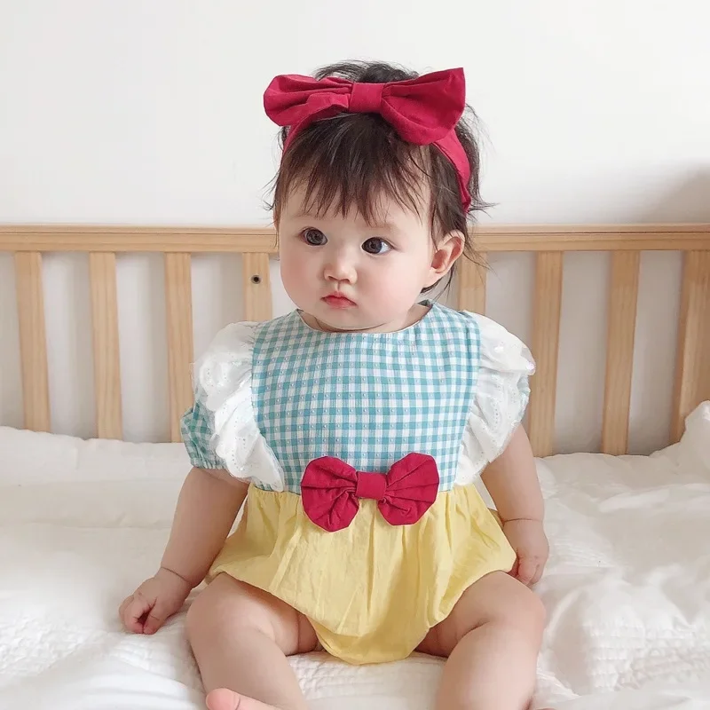 

2023 Summer Korean The Baby Princess Bow Onepiece Ha Yi Girl Bag Fart Crawling Clothes Single Piece Underwear