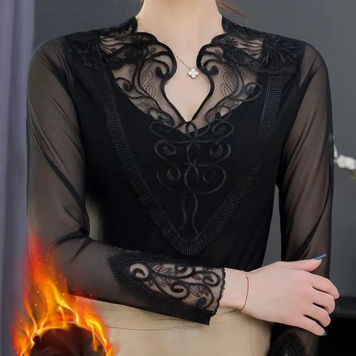 

2023 Plus Size Lace Long Sleeve Shirt Blusas Clothes for Women Tops Shirts Blouses