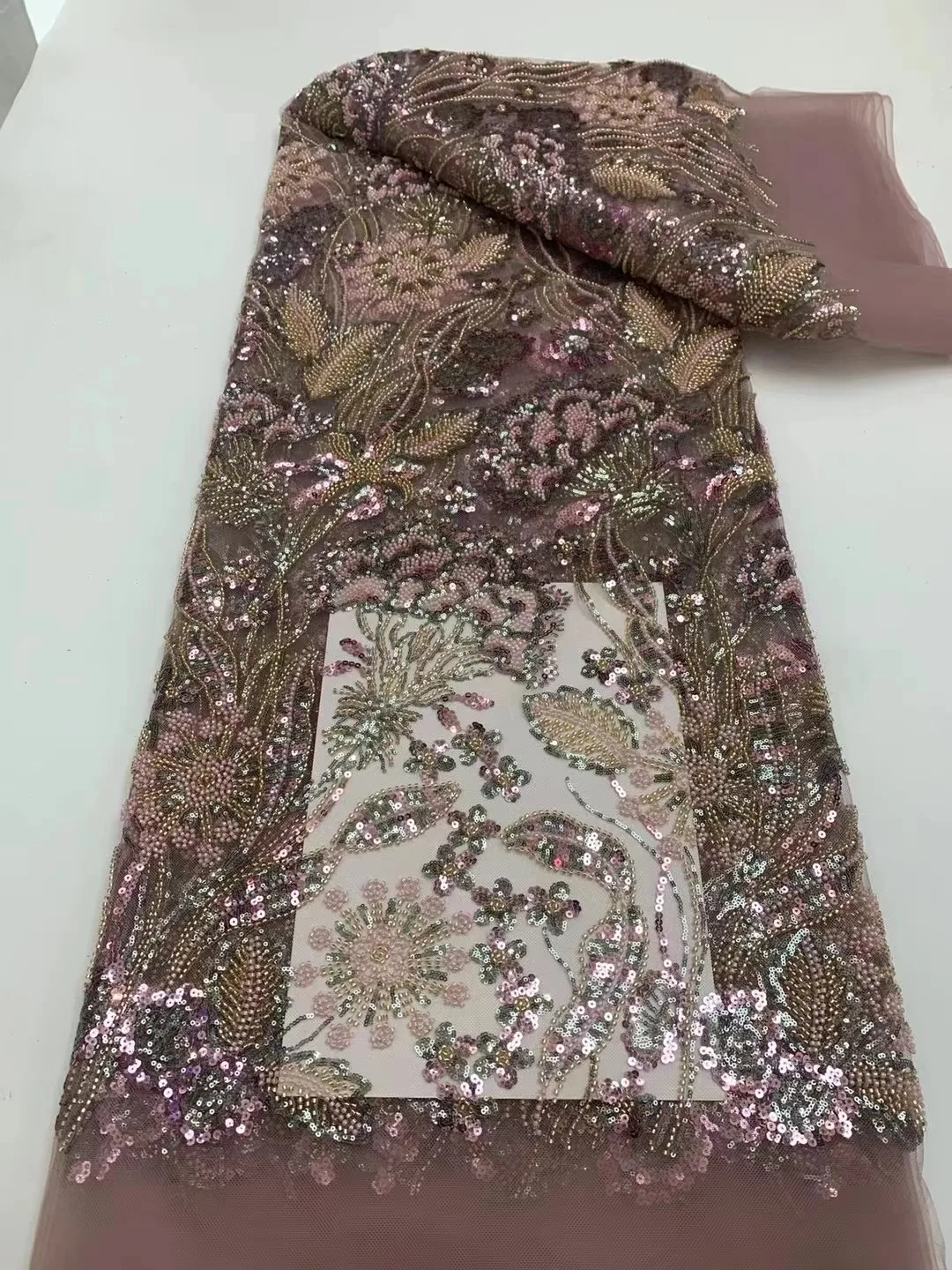 

African Sequins Beaded Lace Fabric Nigerian Groom Embroidery 2024 High Quality French Tulle Lace Fabric For Bridal Wedding