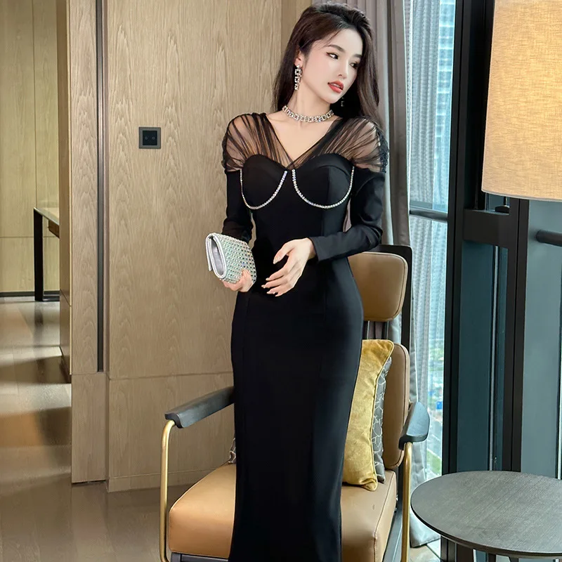 

Сетчатое вязаное черное платье в стиле пэчворк, шикарное и элегантное женское платье с V-образным вырезом и длинным рукавом, новые длинные платья для женщин на осень и зиму