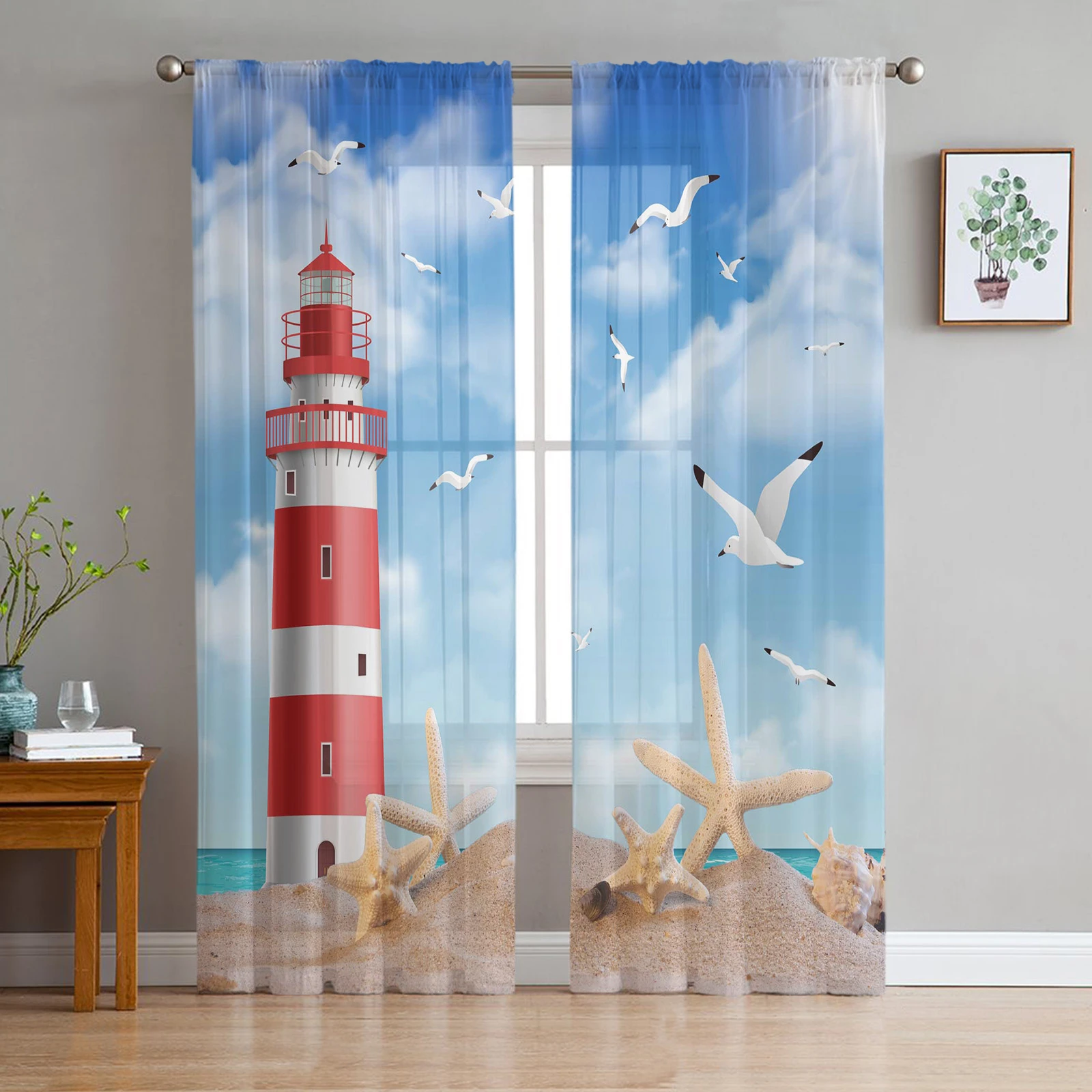 Sea Beach Lighthouse Tulle Curtains Kitchen Sheer Window Curtains for Living Room Home Decor Bedroom Printed Voile Curtain