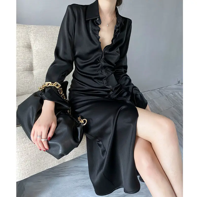 

Solid Dresses for Women 2023 New Spring and Autumn Mid-length Casual Vestidos Office Lady Dress Elegant Femme Clothing T652